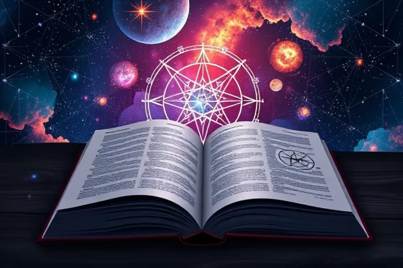 Libro abierto con símbolos astrológicos y diagrama de red neuronal, representando la fusión de astrología y algoritmos.