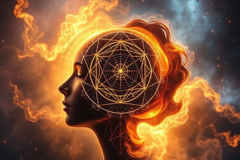 Representación abstracta de la conciencia humana interactuando con una esfera holográfica que muestra mapas astrológicos y cognitivos.