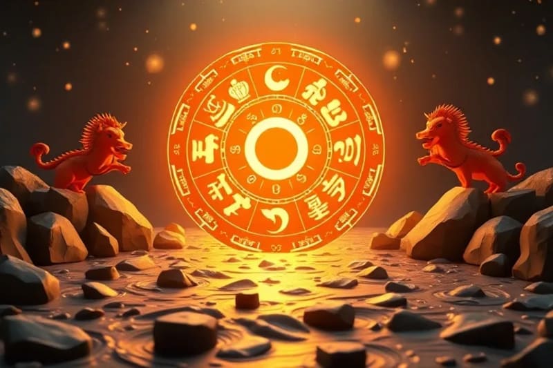 Abstract representation of Feng Shui Bagua map with elemental symbols
