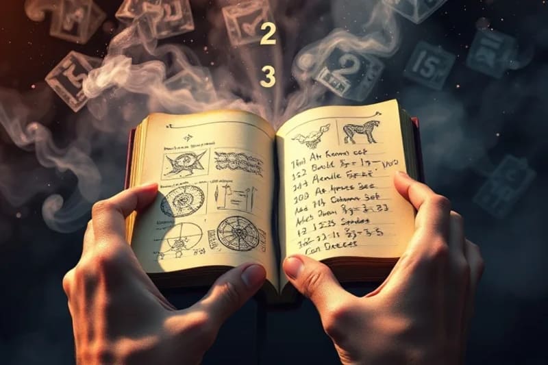 Person's hands holding a dream journal with symbolic sketches and numerical calculations, representing personal reflection