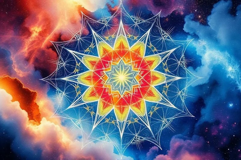 Abstract watercolor of cosmic patterns and numerical sequences flowing into dream-like landscapes, symbolizing universal harmony