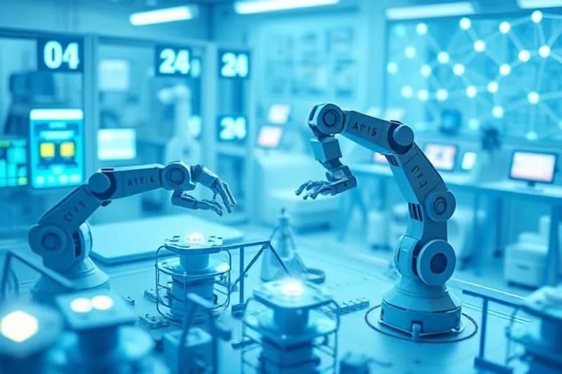 Diseño de estructuras moleculares complejas por interfaces de IA brillantes, brazos robóticos ensamblando prototipos intrincados, planos superpuestos con patrones digitales, en un entorno de laboratorio limpio con tonos azules y blancos.