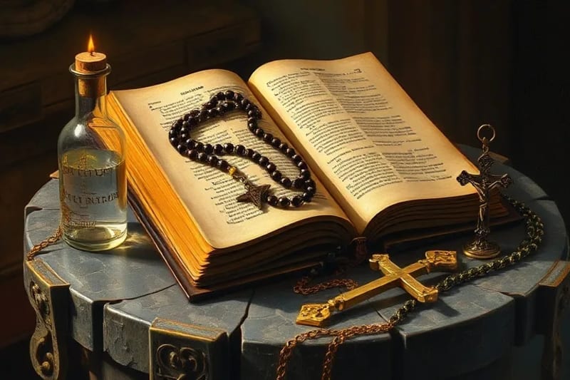 Objetos sagrados como rosario, agua bendita y crucifijo en una composición artística