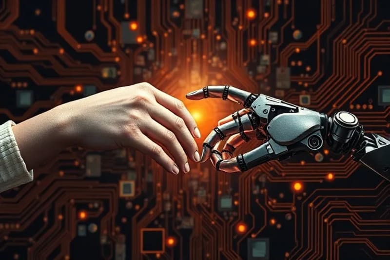Una mano humana y una mano robótica tocándose suavemente, rodeadas de símbolos abstractos de datos, ética y propiedad intelectual, con un brillo sutil que emana de la conexión, en un estilo de pintura al óleo con iluminación de claroscuro.