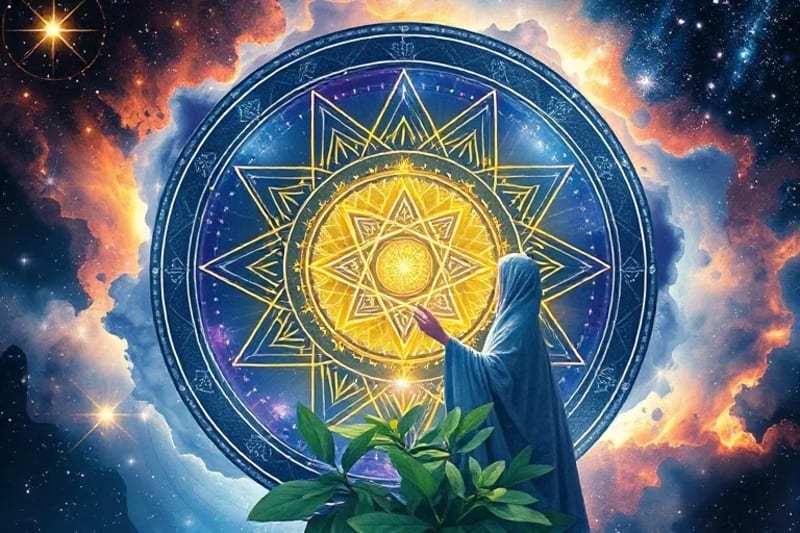Cosecha Mística: Recolectando Esencias bajo la Luz Estelar Persona recolectando rocío de plantas bajo un cielo estrellado con alineaciones planetarias