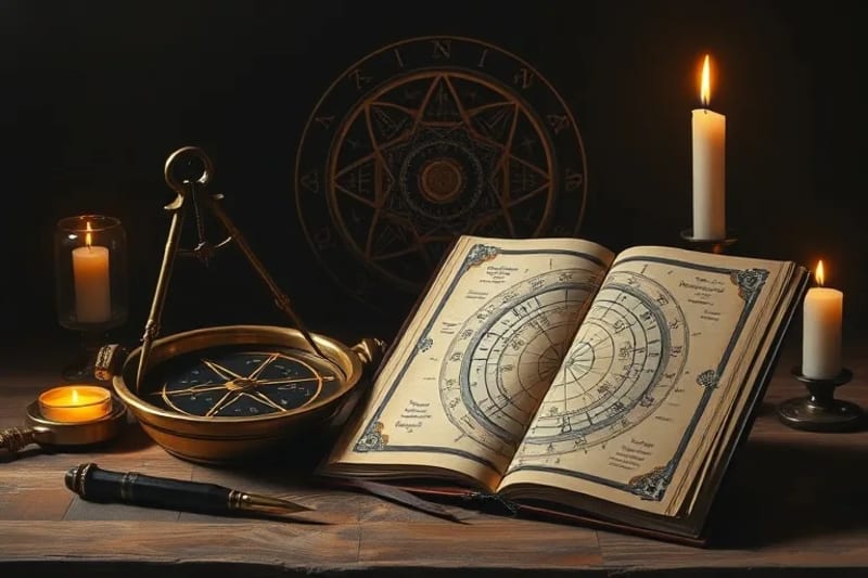 Still life of antique astrological tools, quill pen, and open grimoire, illuminated by candlelight.