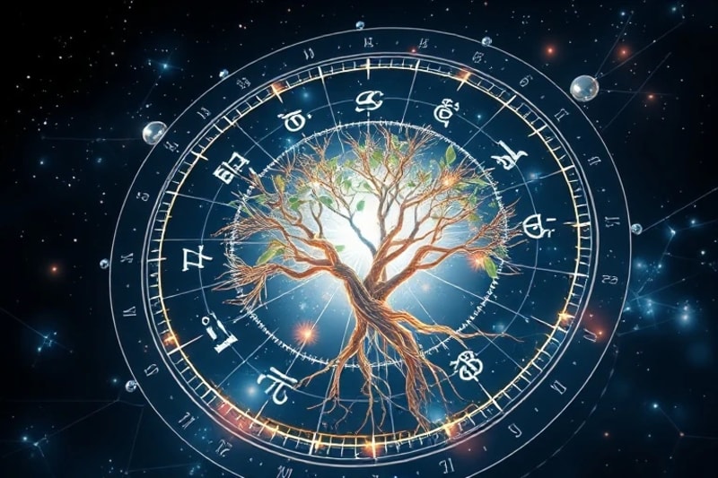 La Danza Cuántica de la Naturaleza y el Cosmos Estructura molecular brillante entrelazada con elementos botánicos y cristales