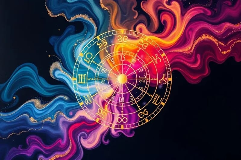 Abstract vector art of two overlapping astrological charts connected by glowing energy lines.