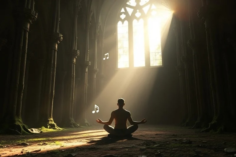 Persona meditando rodeada de notas musicales etéreas