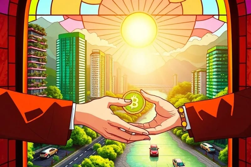 Paisaje futurista con infraestructura verde y tecnología financiera