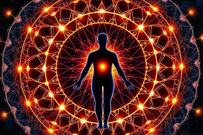 Abstract digital art of DNA strands forming a protective shield around a human silhouette, with subtle astrological symbols integrated.