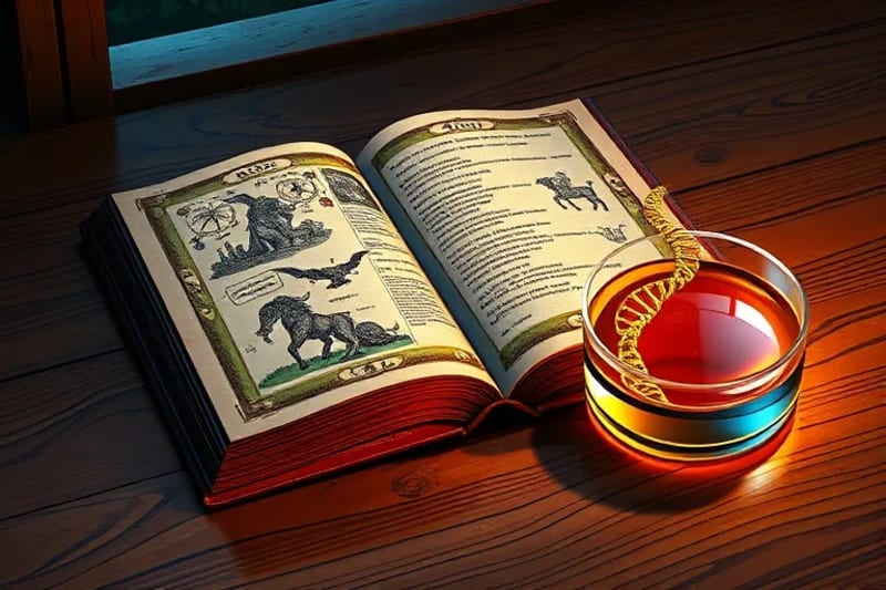 Conceptual still-life of an ancient astrological book and a petri dish with a glowing DNA model, symbolizing the blend of ancient wisdom and modern science.