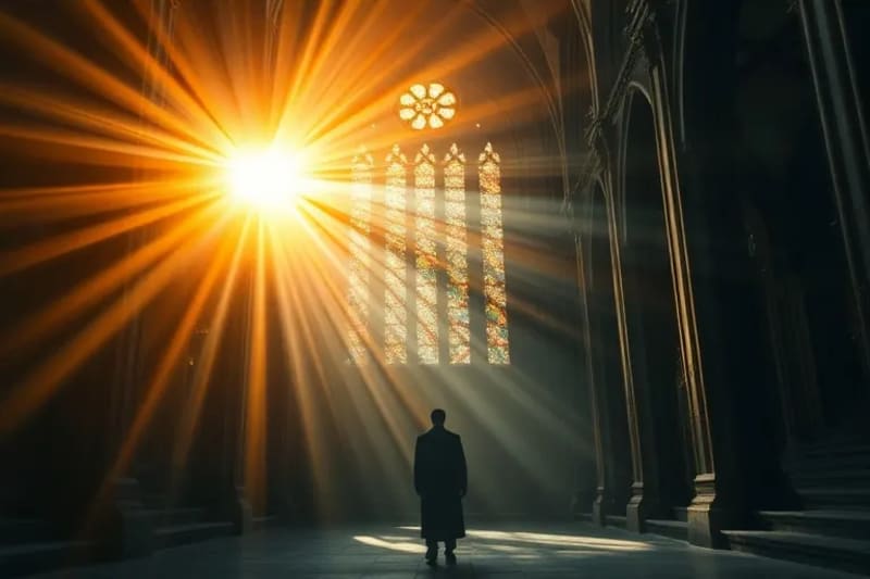 Pintura al óleo de una persona contemplando una pantalla con patrones de luz, con una luz dorada que desciende, simbolizando la interacción divina con la tecnología.