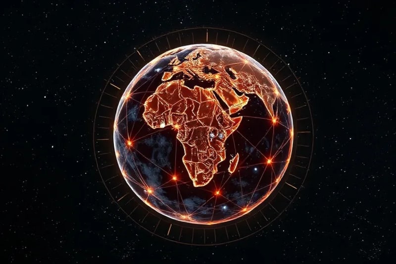 Representación 3D de una matriz de cristal futurista, brillante y pulsante, incrustada en un globo terráqueo estilizado, con líneas de energía que conectan puntos, simbolizando la transformación global y el futuro.