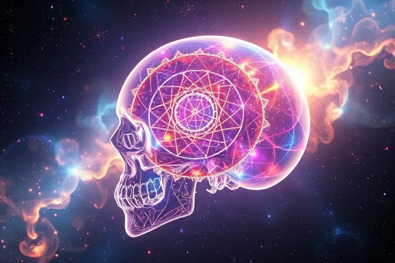 Visualización abstracta de ondas cerebrales luminosas dentro de un cráneo translúcido, mostrando la reconfiguración energética