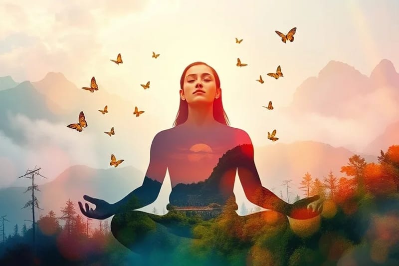 Persona meditando en un entorno natural vibrante, con mariposas y luz, simbolizando la tranquilidad mental.