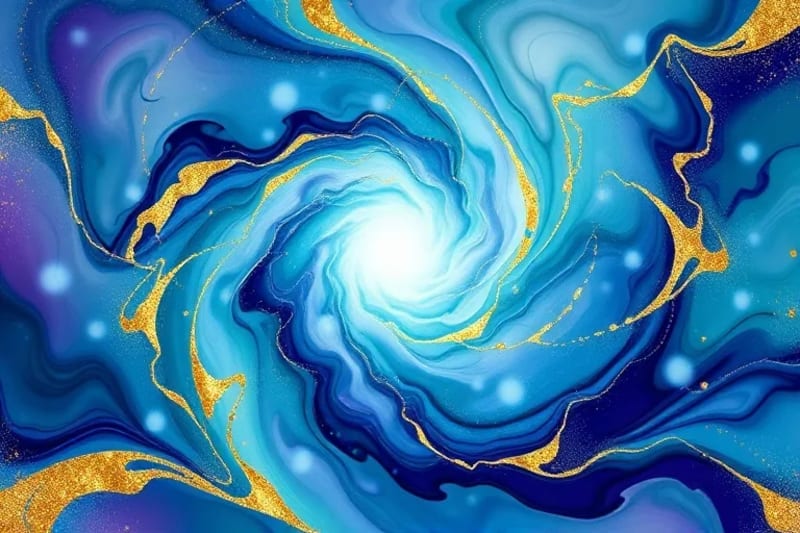Vortex abstracto de colores calmantes, como azules y verdes, con líneas geométricas, simbolizando la búsqueda de la paz interior.