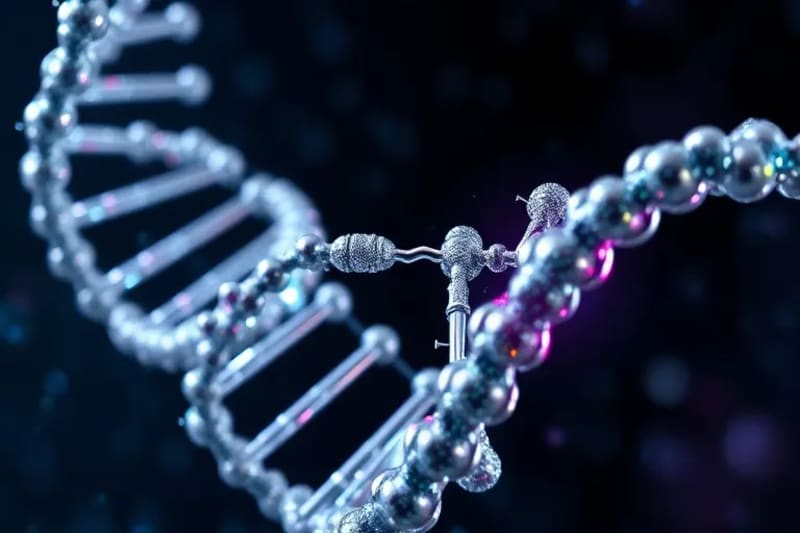 Detalle de una doble hélice de ADN entrelazada con moléculas hormonales estilizadas, texturas metálicas e iridiscentes.