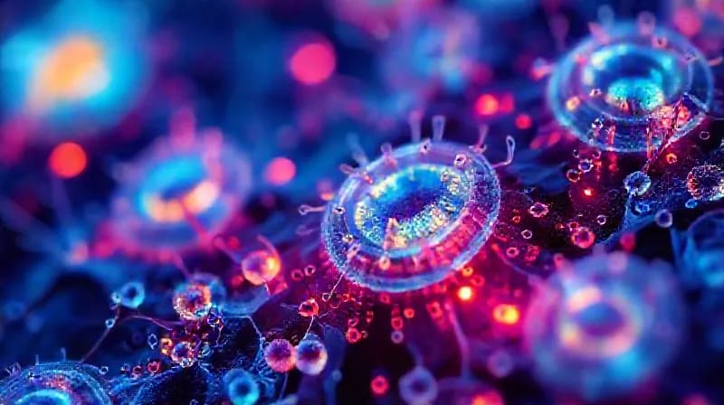 Vista microscópica de células humanas vibrantes y sanas, mostrando mitocondrias activas y telómeros.
