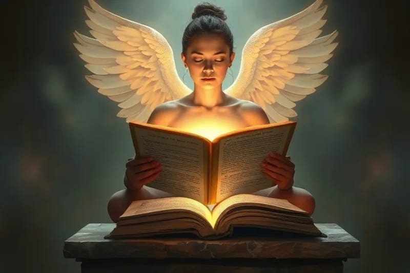 Persona meditando en un entorno místico, con figuras angélicas translúcidas que representan guía espiritual.
