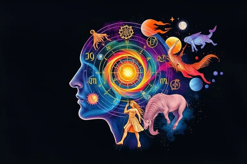 Abstract human head with swirling dream symbols and algorithmic lines