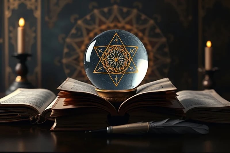 Still-life of antique books, crystal ball with binary code, quill, and glowing data streams