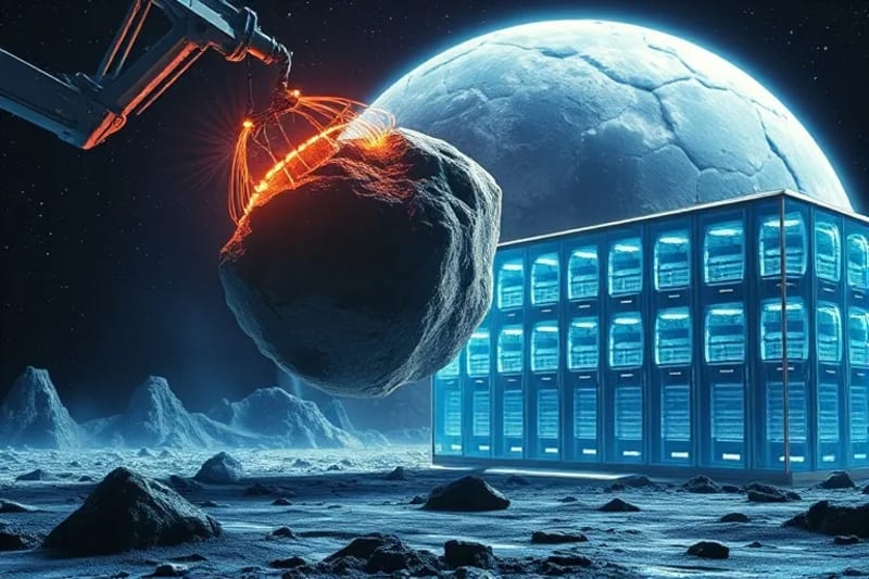 Bodegón conceptual de un asteroide siendo minado por brazos robóticos con flujos de datos en una base lunar.