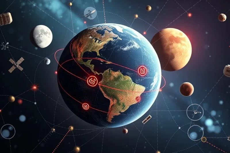 Arte vectorial de marcos legales interconectados de la Tierra a cuerpos celestes con iconos de datos y leyes.