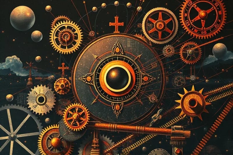 Paisaje surrealista de tecnología y símbolos apocalípticos, sugiriendo la influencia de la IA en profecías.