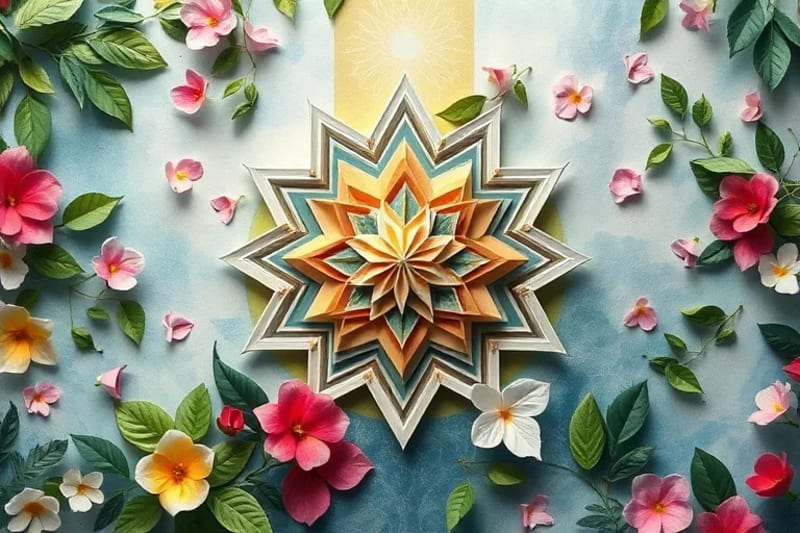 Sacred geometry patterns intertwined with natural elements like leaves and flowing water, representing nature's intrinsic design for growth.
