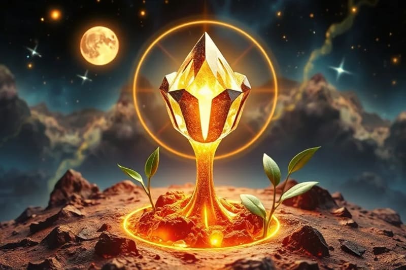 A stylized, crystalline seed sprouting from rich earth, surrounded by holographic symbols of abundance like flowing water and golden light.