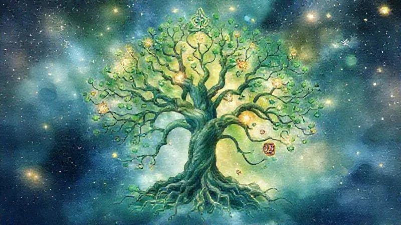 Árbol de la vida estilizado con símbolos celtas y nórdicos