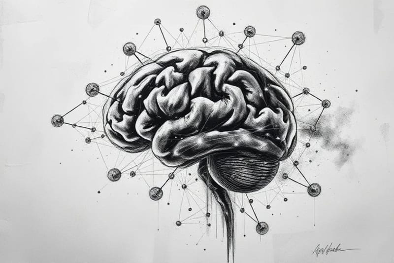 Representación artística de redes neuronales y flujos de datos cerebrales.