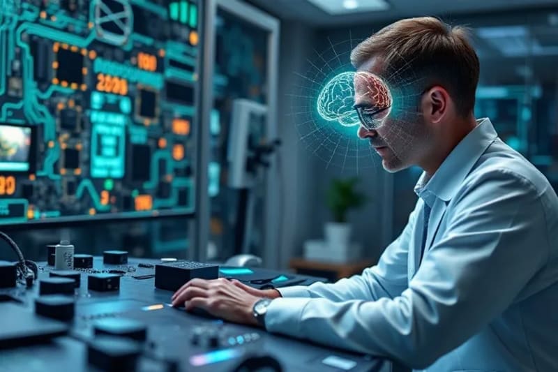 Clínica serena con equipo de neurofeedback y paciente con interfaz cerebral.