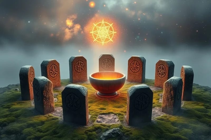 Runestones iluminadas en círculo místico con niebla