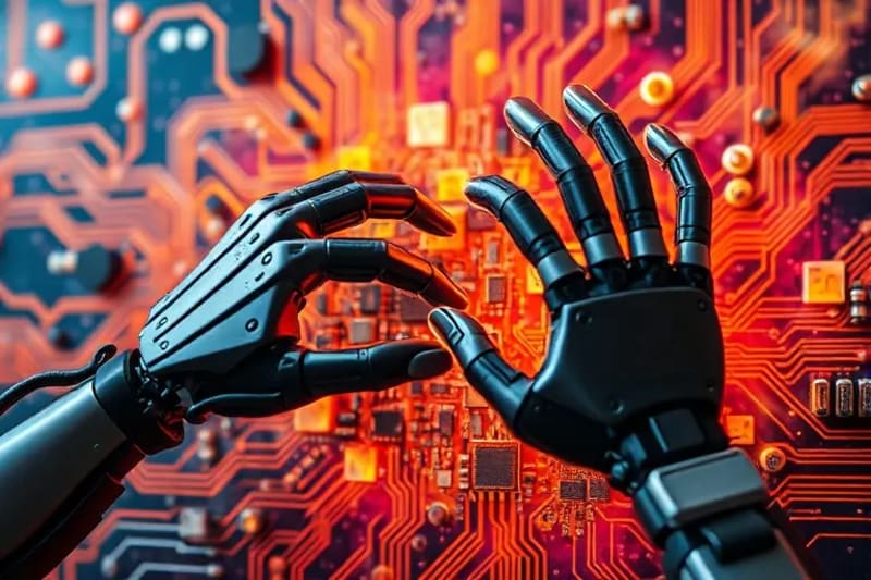 Manos humanas y robóticas colaborando en una obra de arte digital