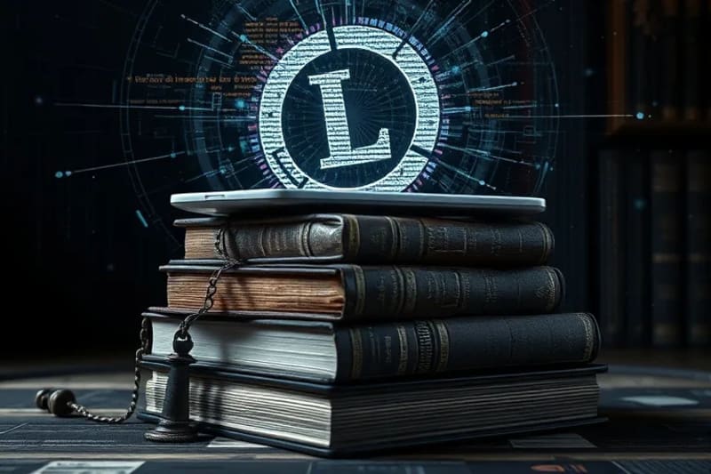 Libros de leyes antiguos y tabletas digitales con código y símbolo de copyright holográfico