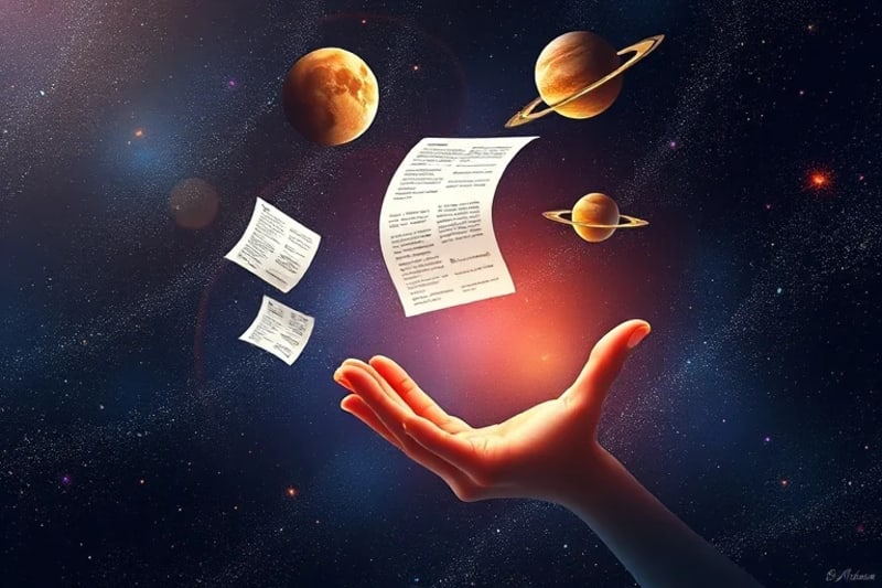 Documentos legales y tratados flotando en el espacio entre cuerpos celestes