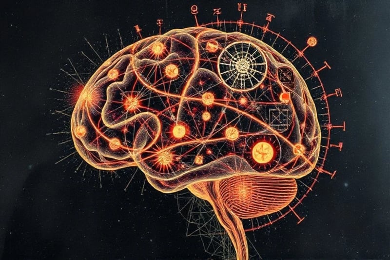 Intricate digital art of a brain intertwined with an astrological chart