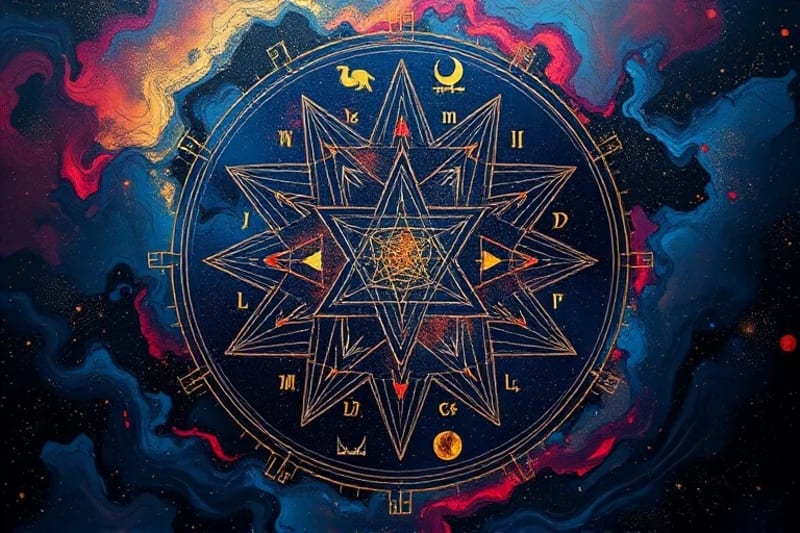 Abstract painting of swirling colors and geometric shapes representing psyche dynamics