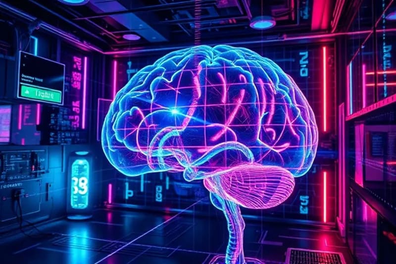 Detailed conceptual diagram showing neural pathways in the brain influenced by environmental elements like light, sound, and natural textures, illustrating how design impacts memory, focus, and emotional regulation.