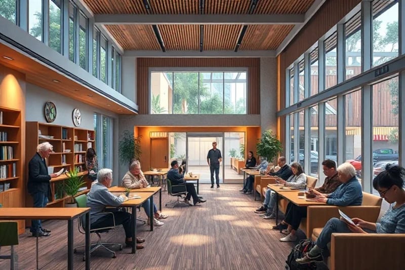 A diverse group of elderly people happily engaging in various activities like reading, light exercise, and social interaction within a bright, accessible, and aesthetically pleasing communal space, emphasizing natural light and clear wayfinding.