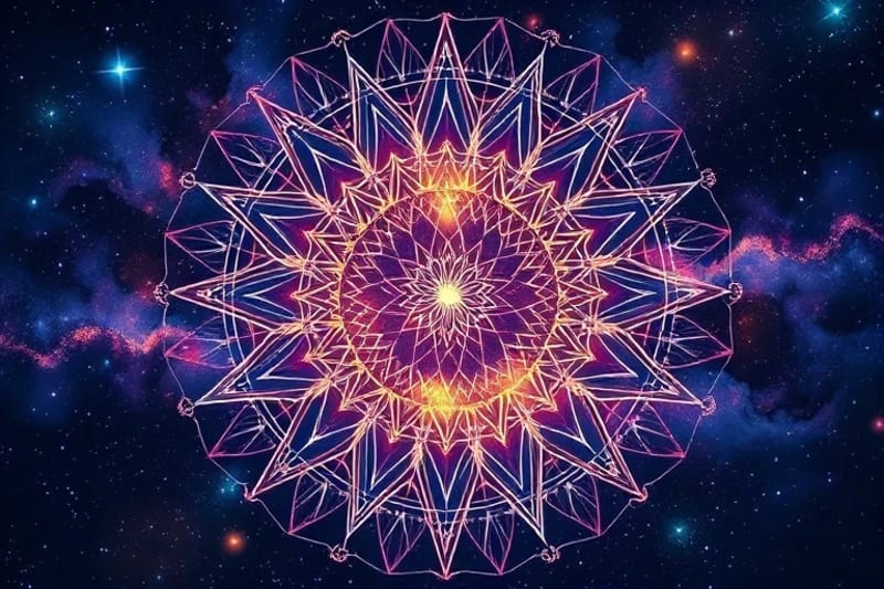 Redes neuronales abstractas entrelazadas con elementos cósmicos, representando la fusión de IA y el cosmos.