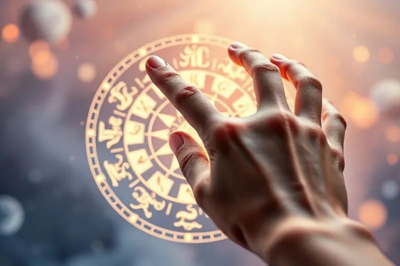 Mano humana tocando una proyección holográfica de una rueda zodiacal brillante.