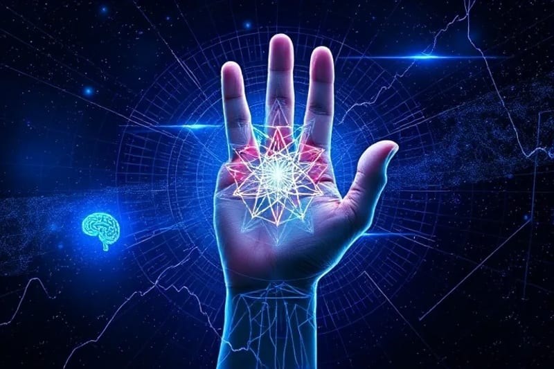 Digital art depicting glowing energy lines from a hand intertwined with digital waveforms, symbolizing the fusion of organic and technological elements in biofeedback.