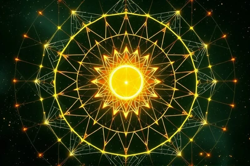Abstract 3D render of interconnected geometric shapes and light particles, symbolizing the complex network of physiological data, subconscious insights, and spiritual awareness.