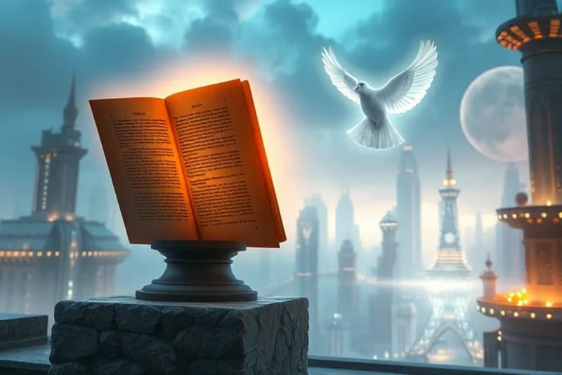 Ciudad futurista serena iluminada por una luz curativa, con energía etérea fluyendo a través de sus edificios y un símbolo de paz integrado en el cielo, sugiriendo armonía global.
