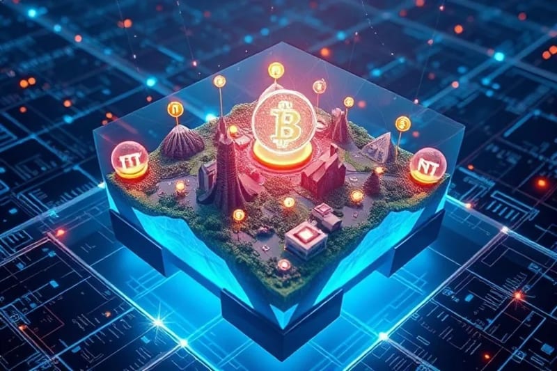 Stylized digital assets, virtual land, and smart contract symbols