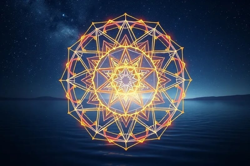 3D render of elegant geometric patterns inspired by natural fractals, glowing softly against a starry night sky and calm water, symbolizing universal harmony.