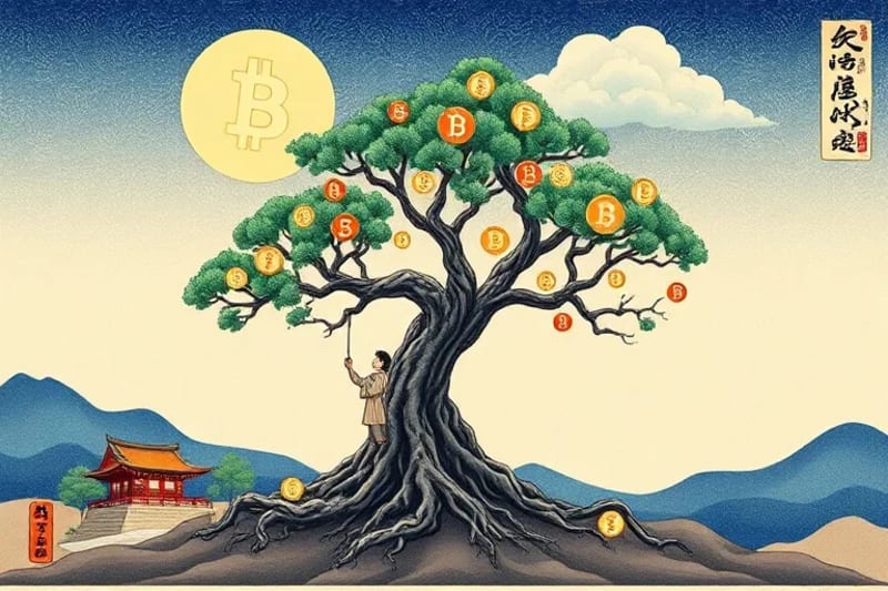 Ilustración vectorial de una persona joven ahorrando monedas digitales que alimentan un árbol en crecimiento, simbolizando el ahorro a largo plazo y la diversificación de activos.